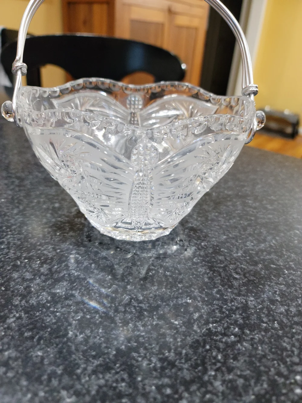 Vintage leaded crystal basket decorative butterfly design arched metal handle